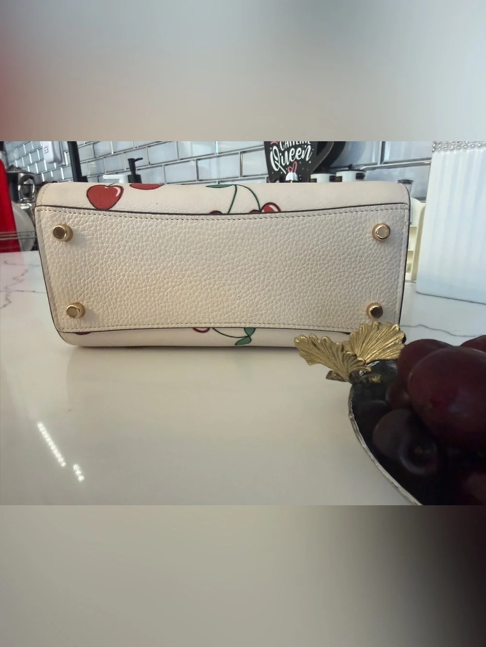 Coach White Leather Top Handle Bag with Cherry Print